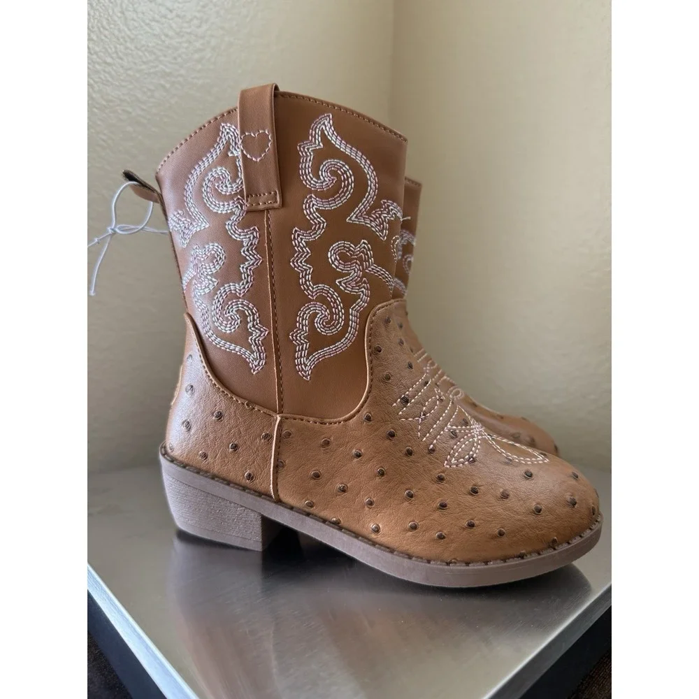 NWT PAWZ Girls Sz 12 Faux Ostrich Cowgirl Boots Brown Pink Heart Stitch Western